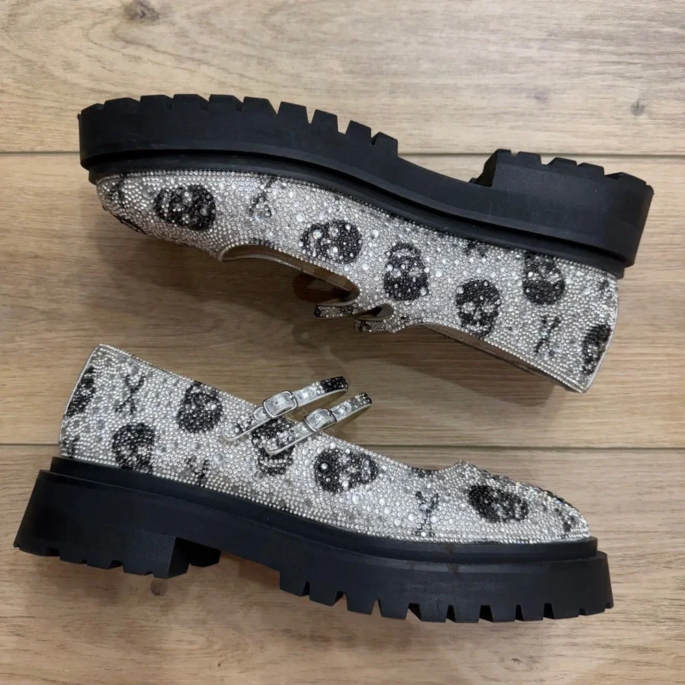 Betsey Johnson Rico Skull Rhinestone Platform Mary Jane Shoes Silver Goth Bling
